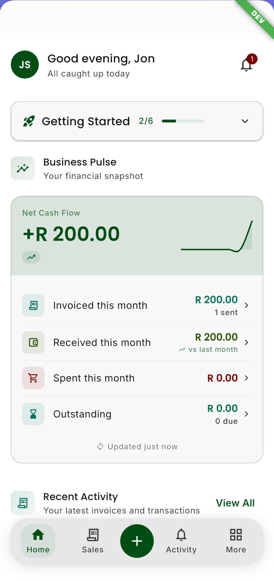 Quantive mobile dashboard — net cash flow, invoices, customers, and recent activity for a South African SME